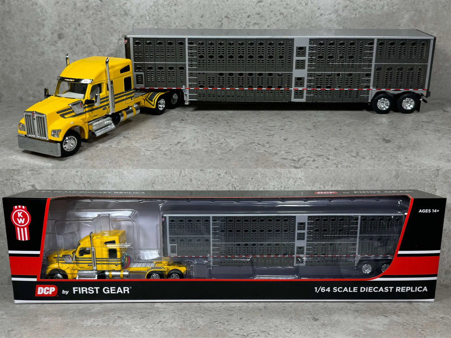 1:64 DCP Yellow Kenworth W990 Semi With Wilson Tandem Axle Livestock Trailer