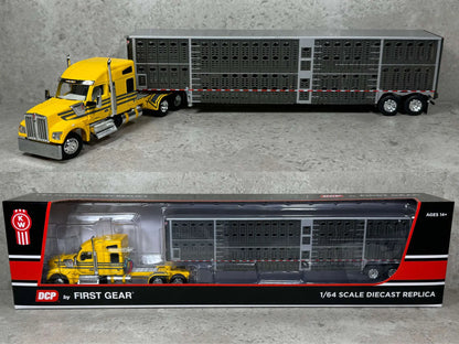 1:64 DCP Yellow Kenworth W990 Semi With Wilson Tandem Axle Livestock Trailer