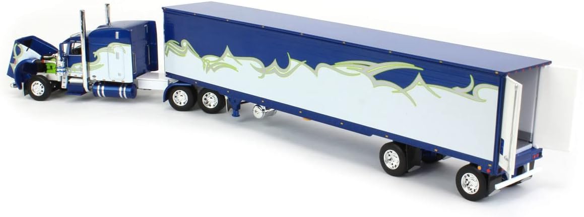 1:64 DCP Blue, Silver & Lime Peterbilt 389 63" Mid Roof Sleeper w/Utility Ribbed Spread-Axle Refrigerated Trailer