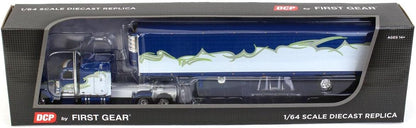 1:64 DCP Blue, Silver & Lime Peterbilt 389 63" Mid Roof Sleeper w/Utility Ribbed Spread-Axle Refrigerated Trailer