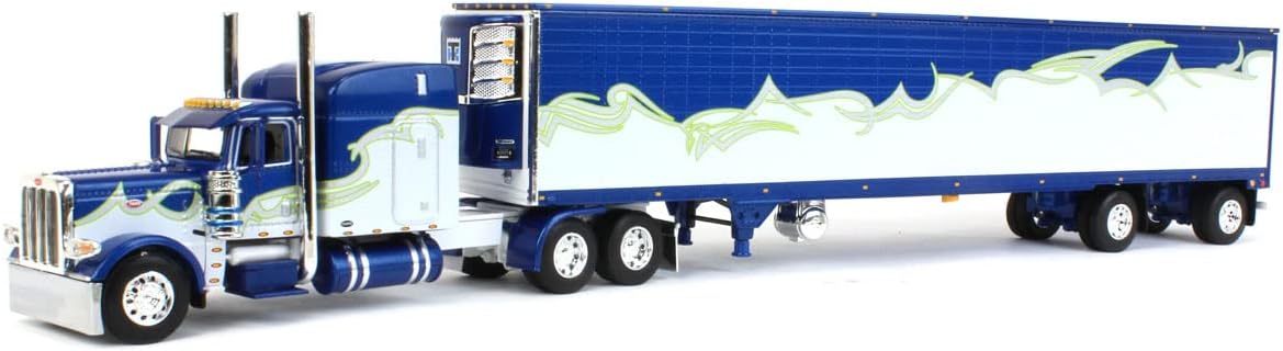 1:64 DCP Blue, Silver & Lime Peterbilt 389 63" Mid Roof Sleeper w/Utility Ribbed Spread-Axle Refrigerated Trailer