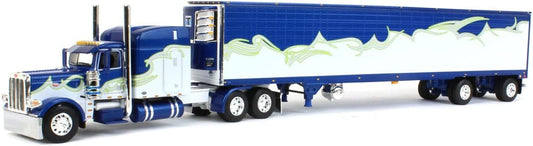 1:64 DCP Blue, Silver & Lime Peterbilt 389 63" Mid Roof Sleeper w/Utility Ribbed Spread-Axle Refrigerated Trailer