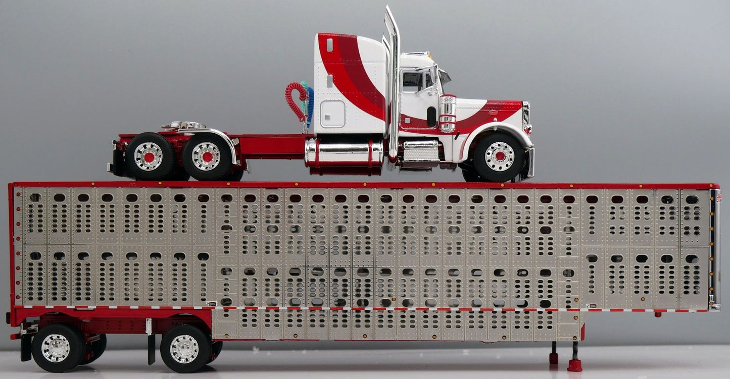 1:64 DCP White red and burgundy Peterbilt 379 with Wilson Spread Axle Cattle Trailer