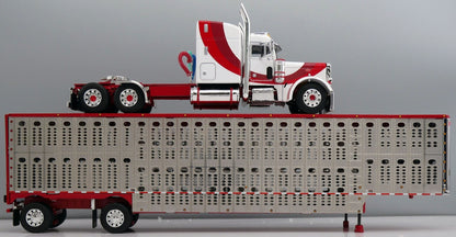 1:64 DCP White red and burgundy Peterbilt 379 with Wilson Spread Axle Cattle Trailer