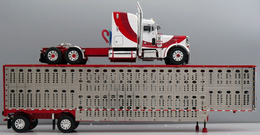 1:64 DCP White red and burgundy Peterbilt 379 with Wilson Spread Axle Cattle Trailer