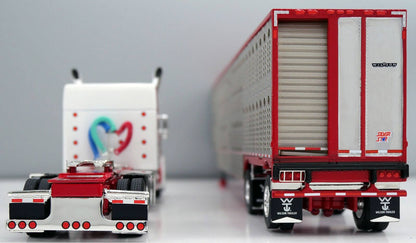 1:64 DCP White red and burgundy Peterbilt 379 with Wilson Spread Axle Cattle Trailer