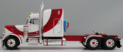 1:64 DCP White red and burgundy Peterbilt 379 with Wilson Spread Axle Cattle Trailer