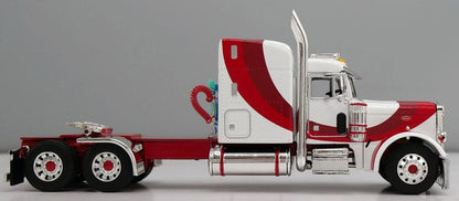 1:64 DCP White red and burgundy Peterbilt 379 with Wilson Spread Axle Cattle Trailer