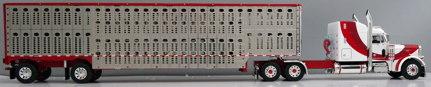 1:64 DCP White red and burgundy Peterbilt 379 with Wilson Spread Axle Cattle Trailer