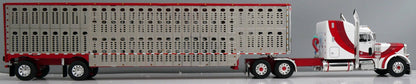 1:64 DCP White red and burgundy Peterbilt 379 with Wilson Spread Axle Cattle Trailer