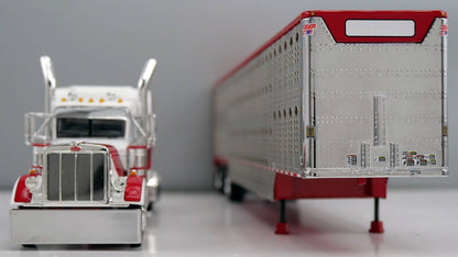 1:64 DCP White red and burgundy Peterbilt 379 with Wilson Spread Axle Cattle Trailer
