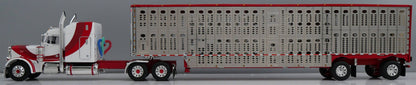 1:64 DCP White red and burgundy Peterbilt 379 with Wilson Spread Axle Cattle Trailer