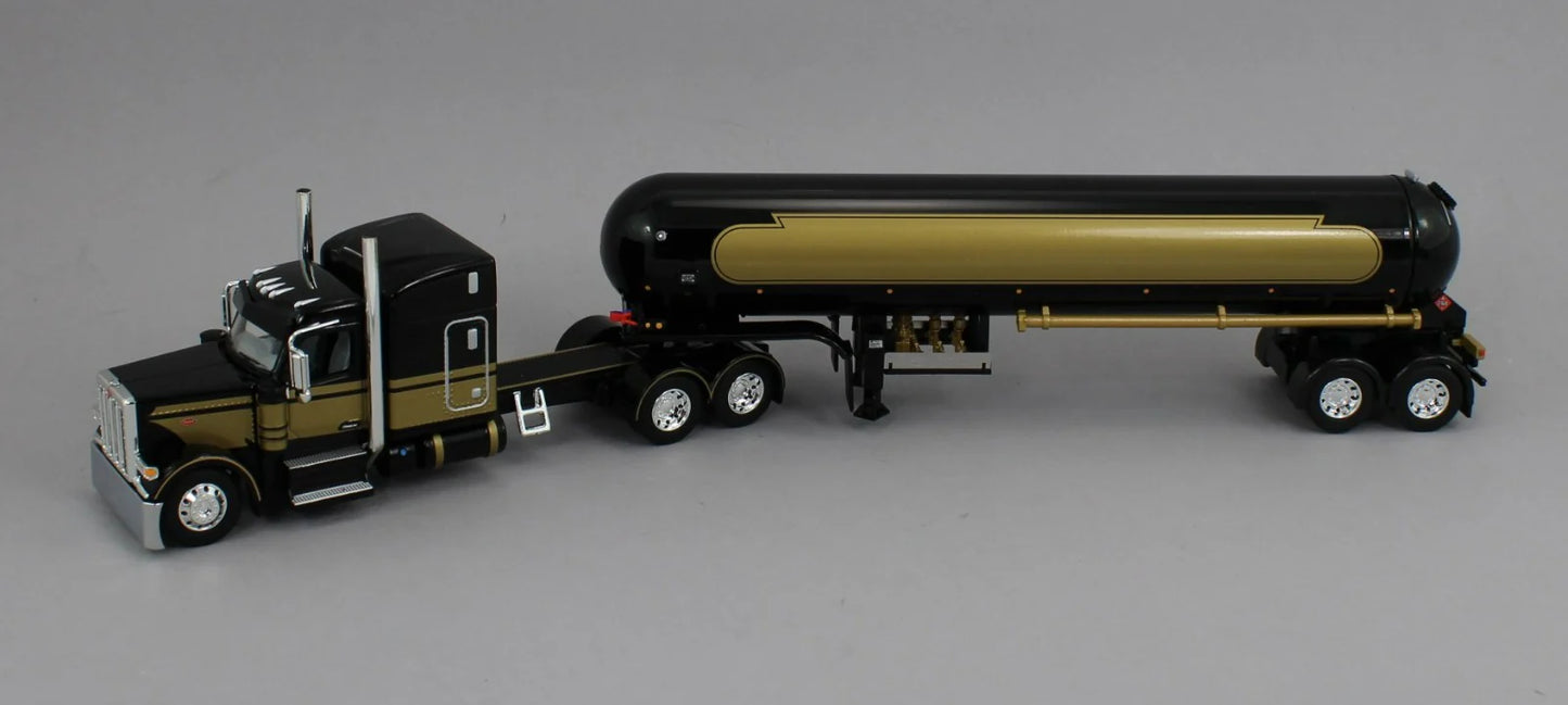 1:64 DCP black and gold Peterbilt 589 70" Midroof w/Mississippi LP tanker