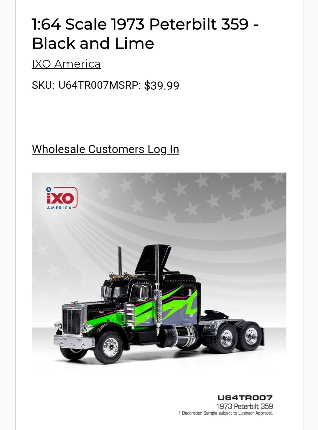 1:64 IXO 1973 Peterbilt 379 Black and Lime