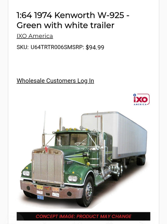 1:64 IXO 1974 Kenworth Green W925 (Movin' On Truck)