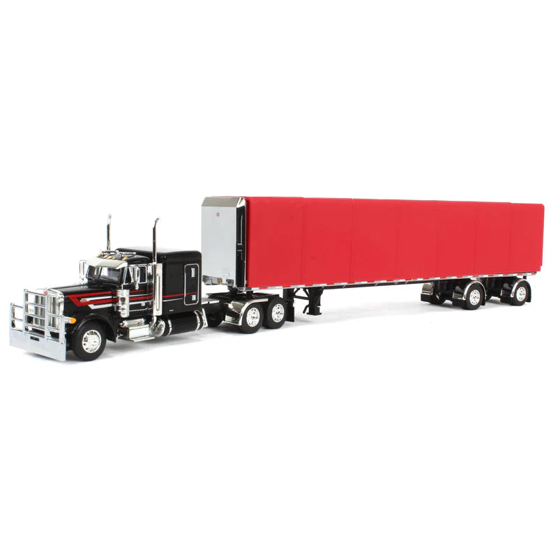 1:64 DCP Black & Red Peterbilt 379 63in Flattop Sleeper with 53ft Utility Roll Tarp Trailer