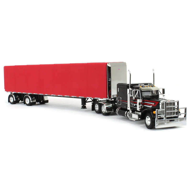 1:64 DCP Black & Red Peterbilt 379 63in Flattop Sleeper with 53ft Utility Roll Tarp Trailer