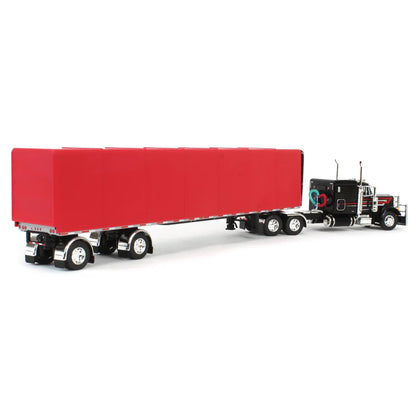 1:64 DCP Black & Red Peterbilt 379 63in Flattop Sleeper with 53ft Utility Roll Tarp Trailer