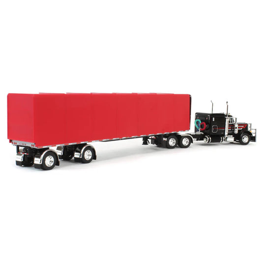 1:64 DCP Black & Red Peterbilt 379 63in Flattop Sleeper with 53ft Utility Roll Tarp Trailer