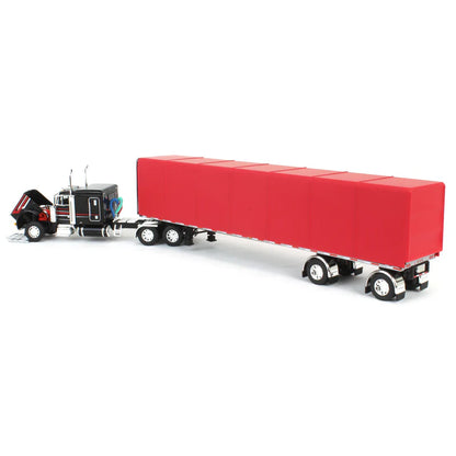 1:64 DCP Black & Red Peterbilt 379 63in Flattop Sleeper with 53ft Utility Roll Tarp Trailer