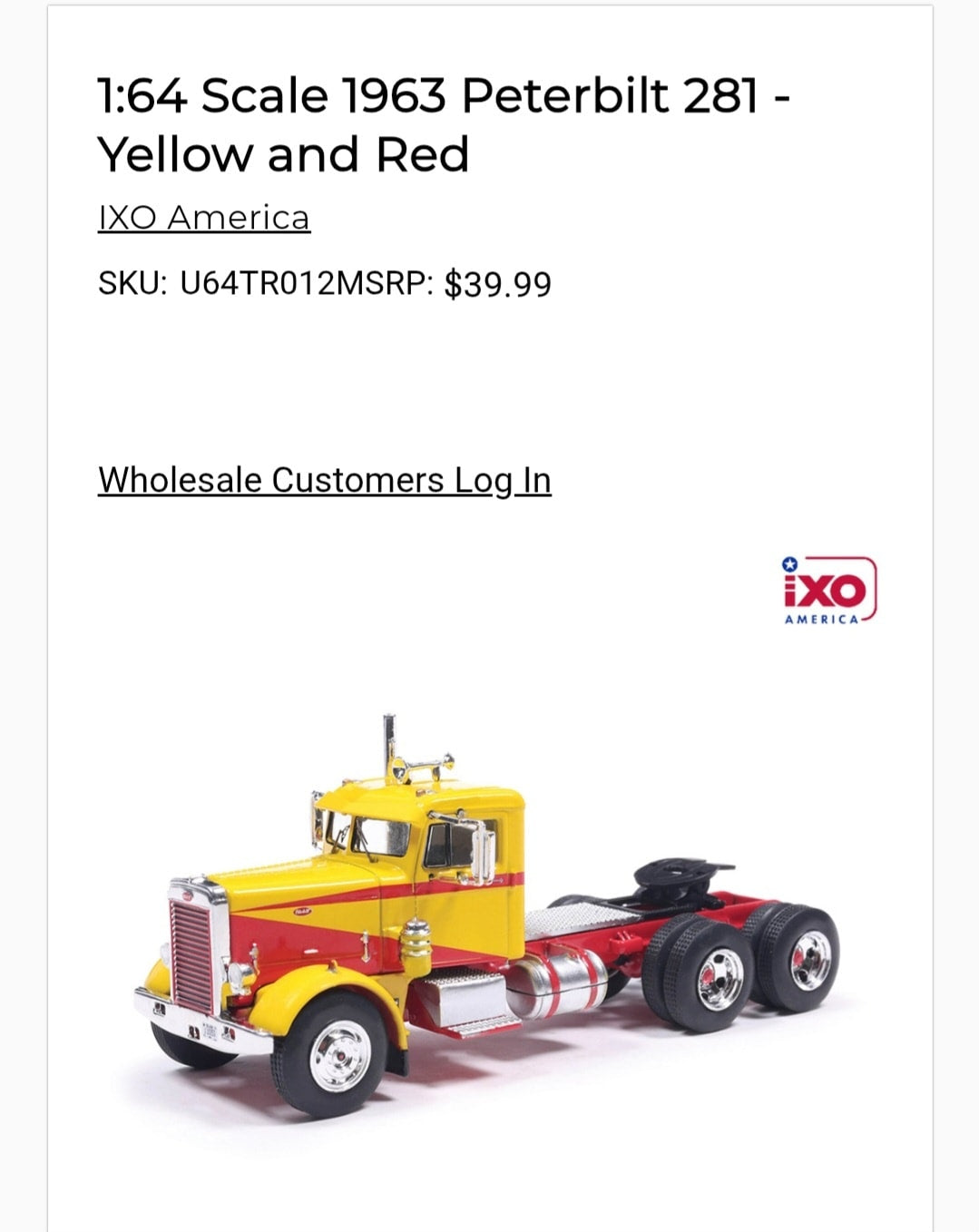 1:64 IXO 1963 Peterbilt 281 Yellow and Red