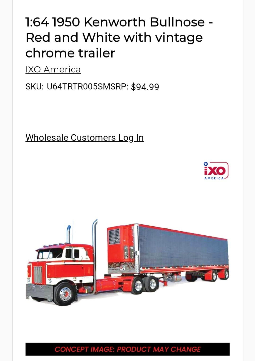 1:64 IXO 1950 Kenworth Bullnose Red and White with Vintage Chrome trailer (Brekina Automodelle)