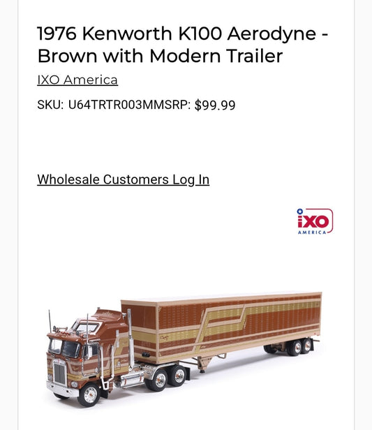 1:64 IXO 1976 Kenworth K100 Aerodyne Brown with Modern Trailer