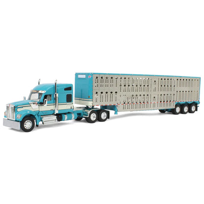 1:64 DCP Turquoise/Cream Kenworth W990 Semi Truck with Wilson Silverstar Livestock Trailer