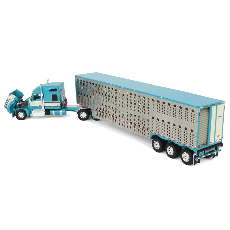 1:64 DCP Turquoise/Cream Kenworth W990 Semi Truck with Wilson Silverstar Livestock Trailer