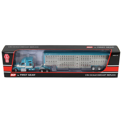 1:64 DCP Turquoise/Cream Kenworth W990 Semi Truck with Wilson Silverstar Livestock Trailer