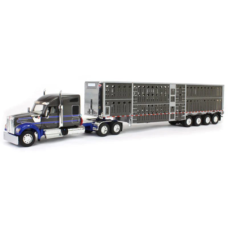1:64 DCP Gray & Blue Kenworth W990 with Wilson Silverstar Livestock Trailer