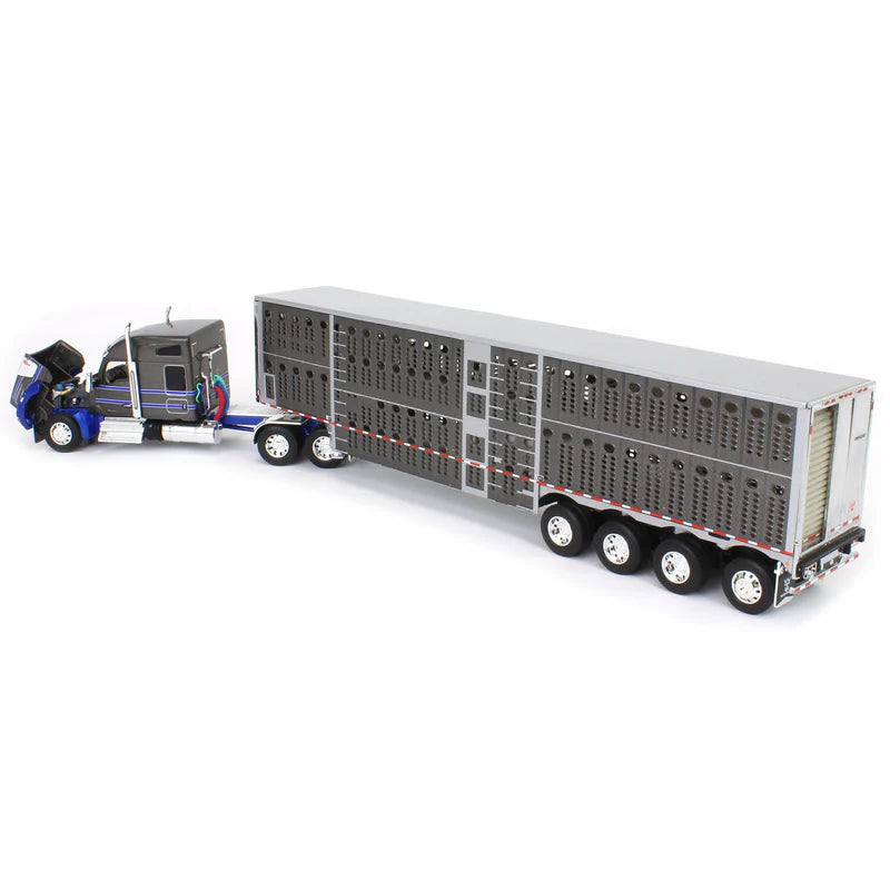 1:64 DCP Gray & Blue Kenworth W990 with Wilson Silverstar Livestock Trailer