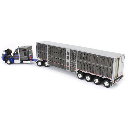 1:64 DCP Gray & Blue Kenworth W990 with Wilson Silverstar Livestock Trailer