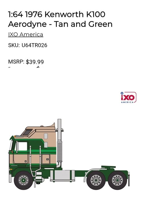 1:64 IXO 1976 Kenworth K100 Aerodyne - Tan and Green