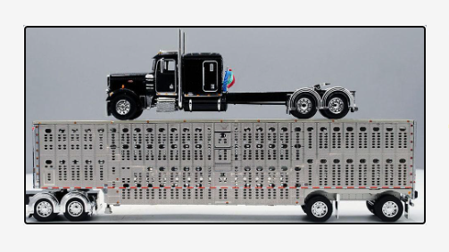 1:64 Black Peterbilt 359 63″ Tractor w Wilson Spread Axle Livestock Trailer