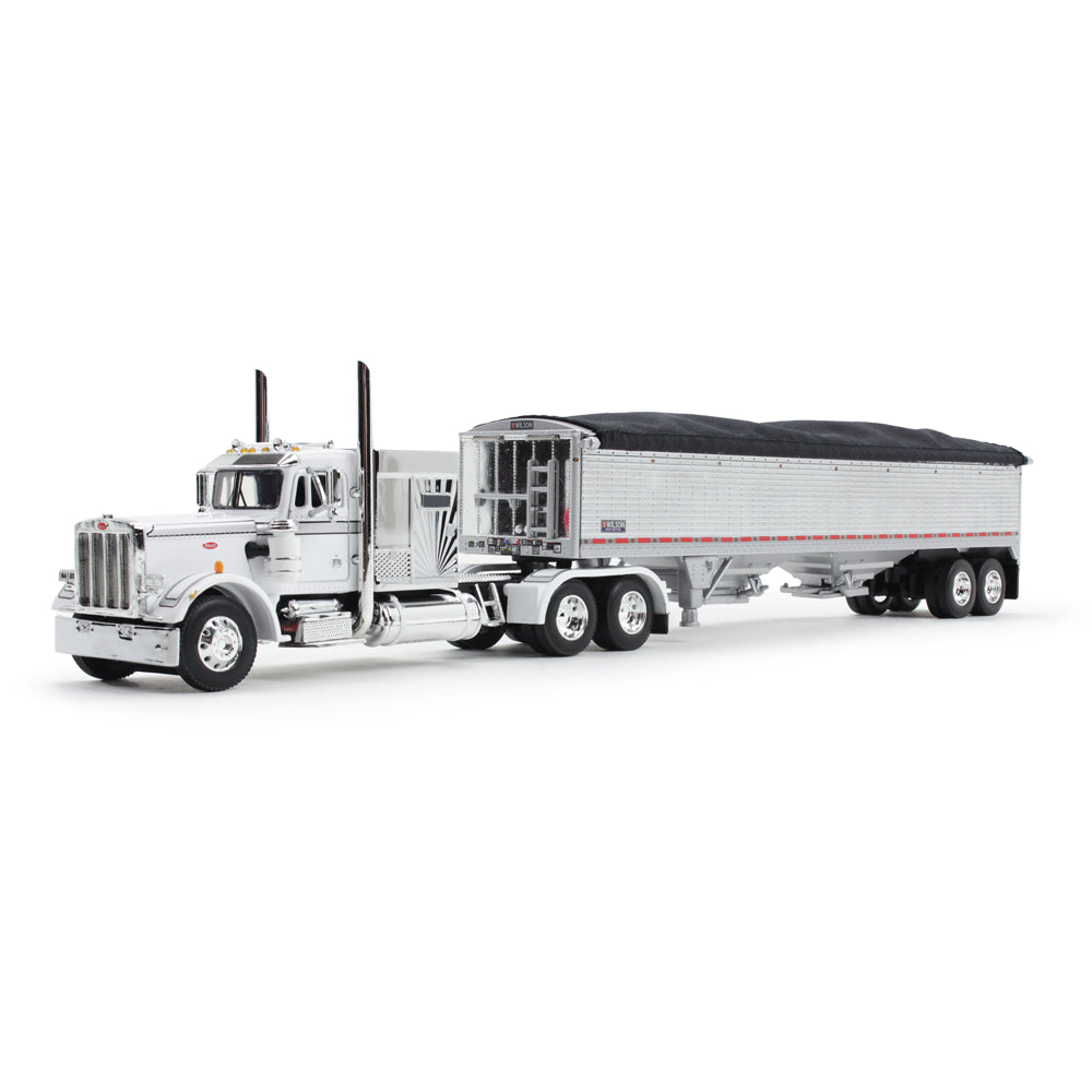 1:64 DCP Peterbilt Model 359 Semi Truck with 60 Vintage Sleeper in White and Chrome with 43 Wilson High Side Grain Trailer