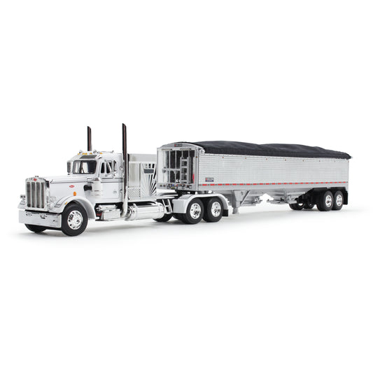 1:64 DCP Peterbilt Model 359 Semi Truck with 60 Vintage Sleeper in White and Chrome with 43 Wilson High Side Grain Trailer