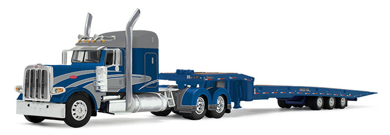 1:64 DCP Peterbilt 389 with 48 Mid-Roof Sleeper in Rich Blue and Silver with Talbert 5553T Traveling Axle Trailer