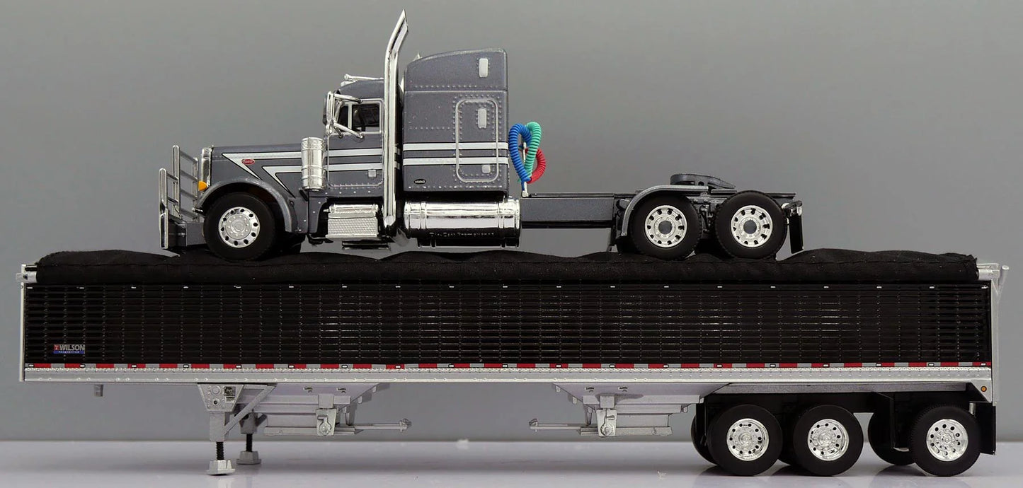 1:64 DCP Gunmetal Gray and White Peterbilt 379 w Midroof Sleeper and Tri Axle Wilson Grain Trailer