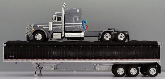 1:64 DCP Gunmetal Gray and White Peterbilt 379 w Midroof Sleeper and Tri Axle Wilson Grain Trailer
