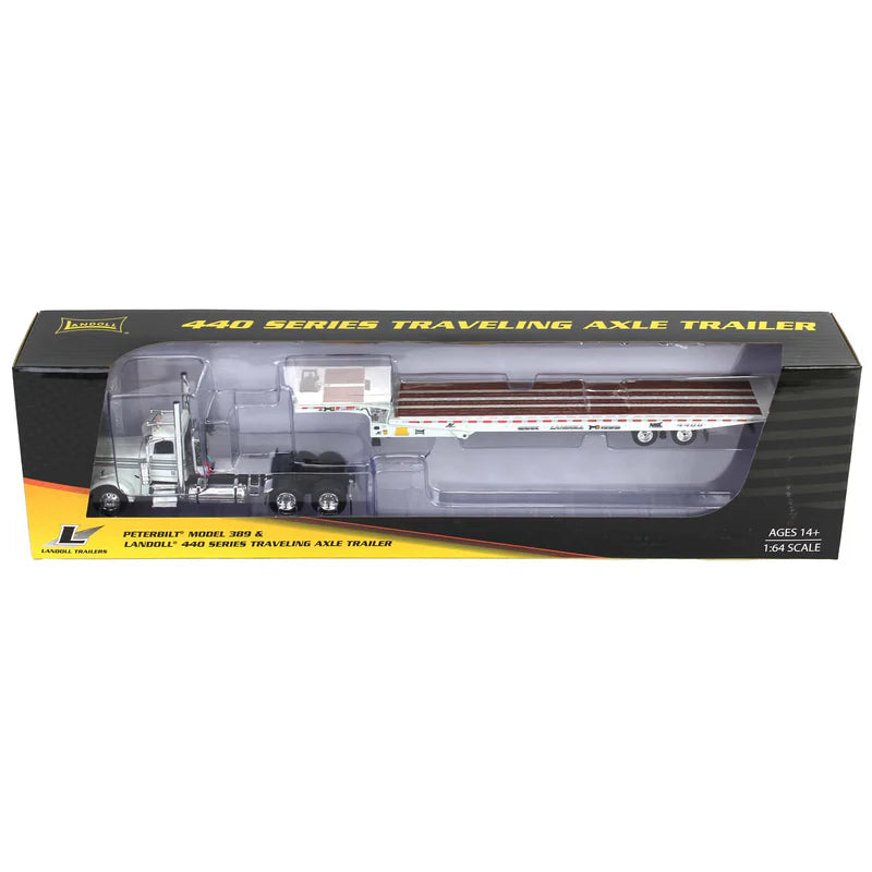 1:64 DCP White Peterbilt 389 with Landoll 440 Series Traveling Axle Trailer