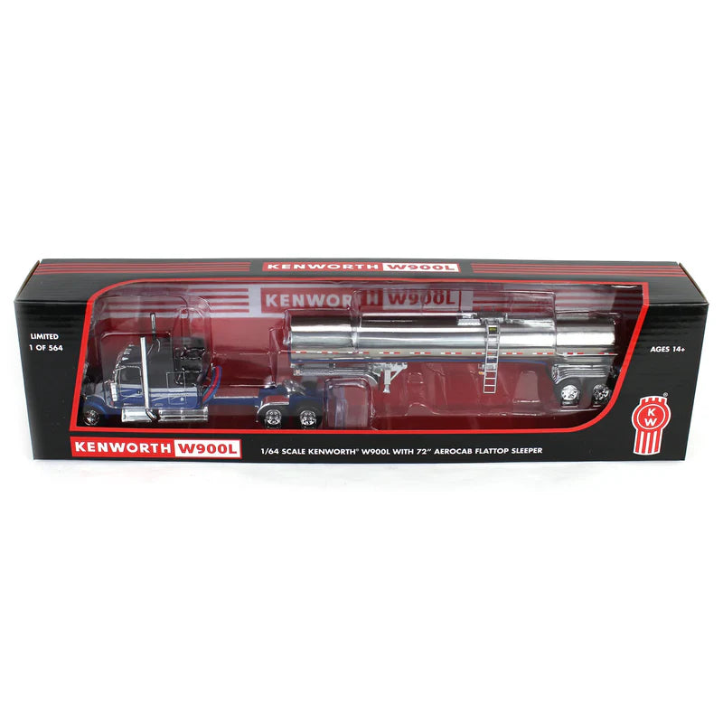 1:64 DCP Kenworth W900L with 72in Aerocab Sleeper & Brenner Tanker, Blue, Black & Silver Limited Edition
