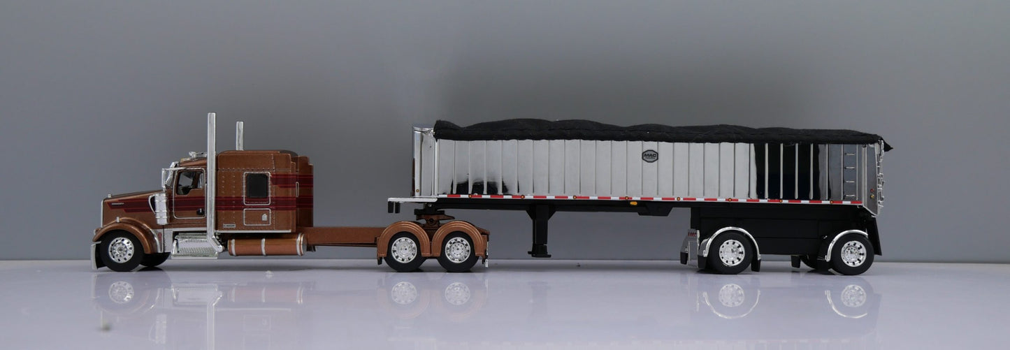 1:64 DCP Kenworth W900L Aerocab Flattop Sleeper Semi Truck & MAC Coal End Dump Trailer, Brown