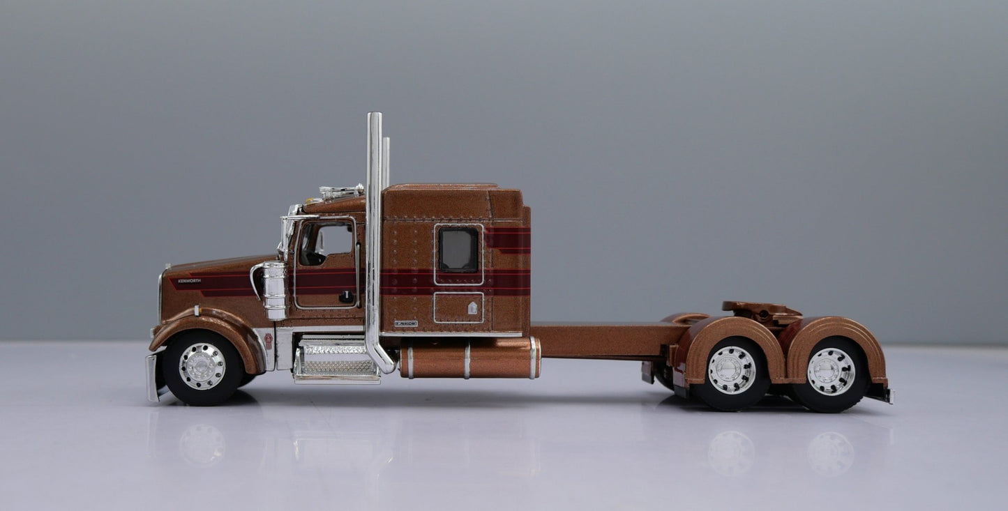 1:64 DCP Kenworth W900L Aerocab Flattop Sleeper Semi Truck & MAC Coal End Dump Trailer, Brown