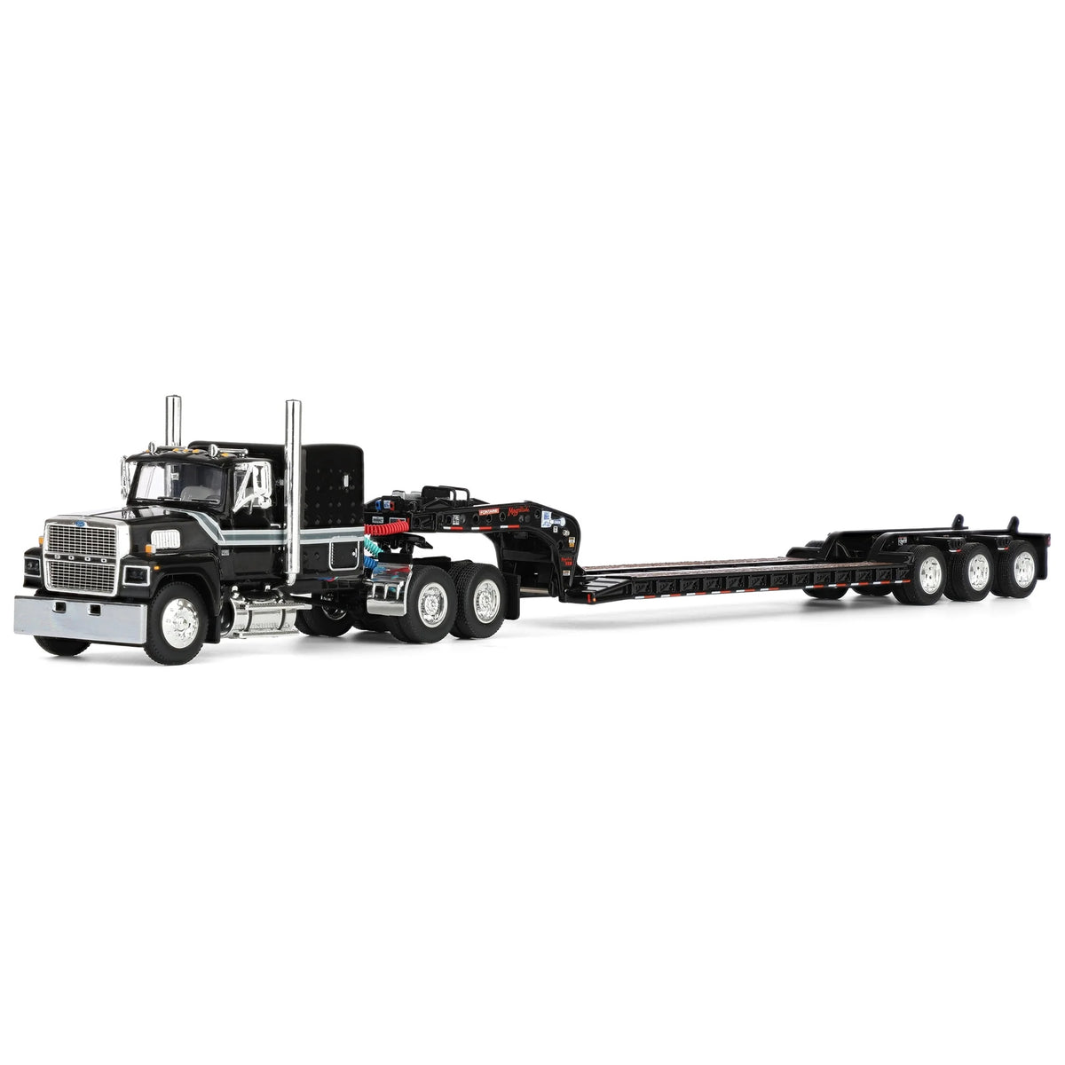 1:64 DCP Black Ford LTL 9000 with Fontaine Magnitude Tri-axle Lowboy Trailer