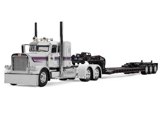 1:64 DCP Peterbilt Model 389 w/ Flat Top Sleeper - White and Black Hauling Fontaine Magnitude Lowboy Trailer