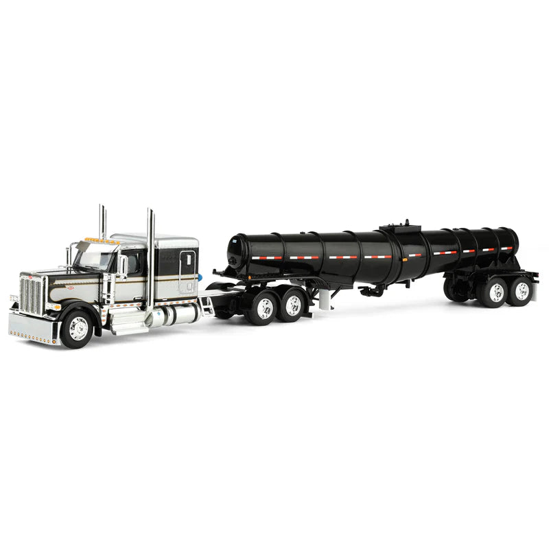 1/64 Black Peterbilt 589 Semi Truck with 63in Flat Top Sleeper Cab & Polar Deep Drop Trailer