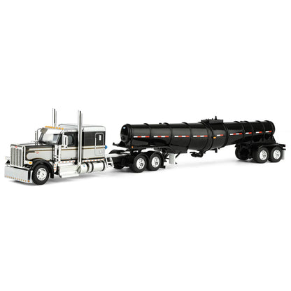 1/64 Black Peterbilt 589 Semi Truck with 63in Flat Top Sleeper Cab & Polar Deep Drop Trailer