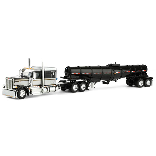 1/64 Black Peterbilt 589 Semi Truck with 63in Flat Top Sleeper Cab & Polar Deep Drop Trailer