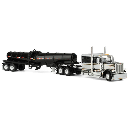 1/64 Black Peterbilt 589 Semi Truck with 63in Flat Top Sleeper Cab & Polar Deep Drop Trailer